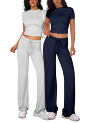 NINONERA Two-Piece Set Women's Plain Crop Tee & Drawstring Waist Pants Loungewear Set — Light Gray*1 pc+Navy Blue*1 pc