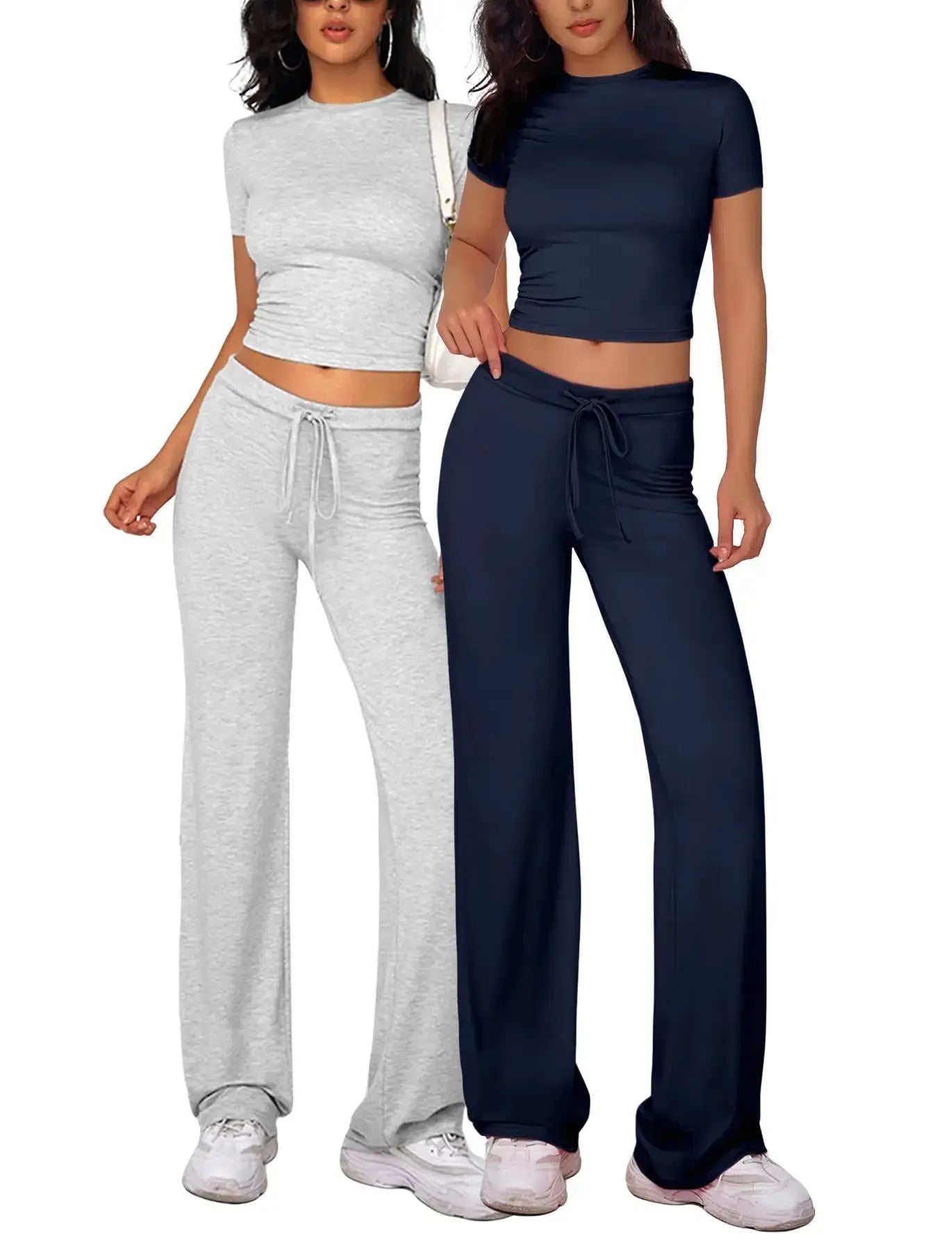 NINONERA Two-Piece Set Women's Plain Crop Tee & Drawstring Waist Pants Loungewear Set — Light Gray*1 pc+Navy Blue*1 pc