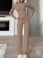 NINONERA Two-Piece Set Women's Plain Crop Tee & Drawstring Waist Pants Loungewear Set — Khaki