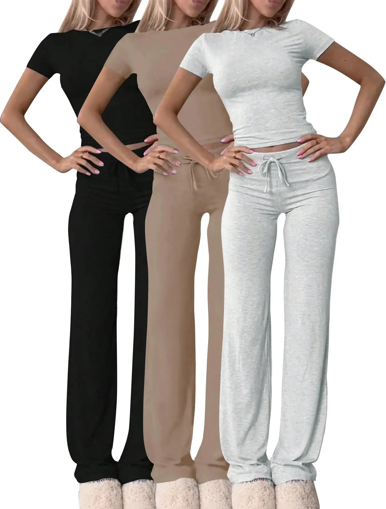 NINONERA Two-Piece Set Women's Plain Crop Tee & Drawstring Waist Pants Loungewear Set — Khaki*1 pc+Light Gray*1 pc+Black*1 pc