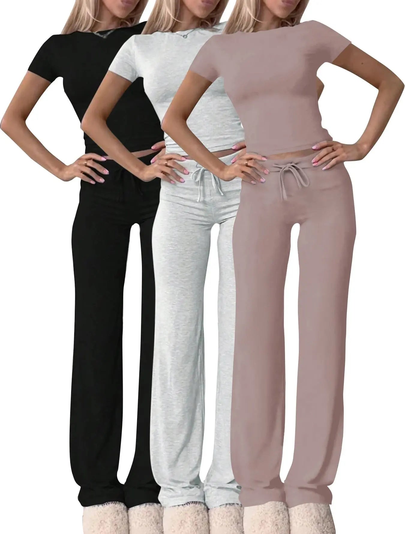 NINONERA Two-Piece Set Women's Plain Crop Tee & Drawstring Waist Pants Loungewear Set — Lavender*1 pc+Light Gray*1 pc+Black*1 pc