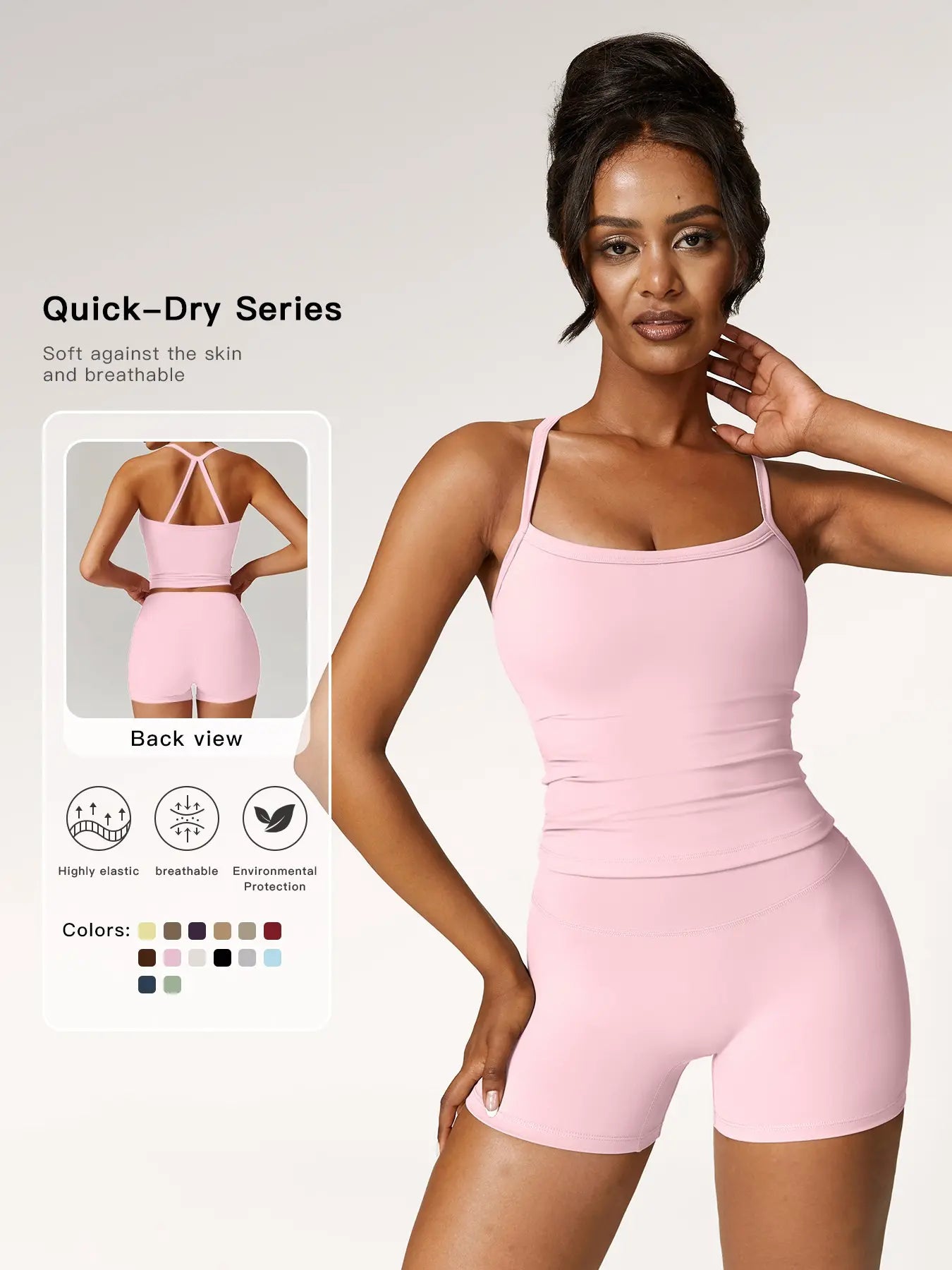 NINONERA Two-piece Set Women's Solid Backless Cami Top & High Waist Shorts Tracksuit Set — Baby Pink