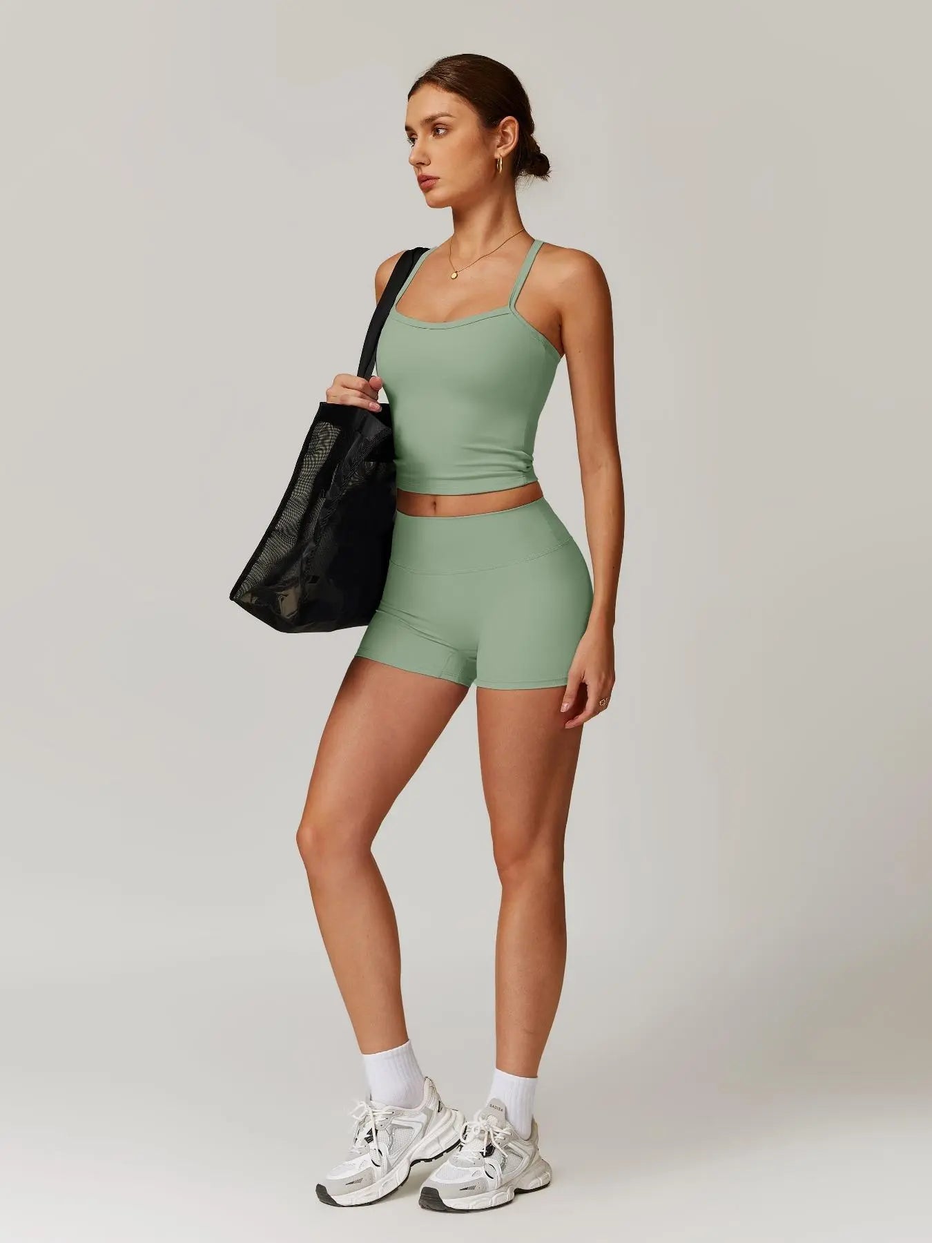 NINONERA Two-piece Set Women's Solid Backless Cami Top & High Waist Shorts Tracksuit Set — Mint Green