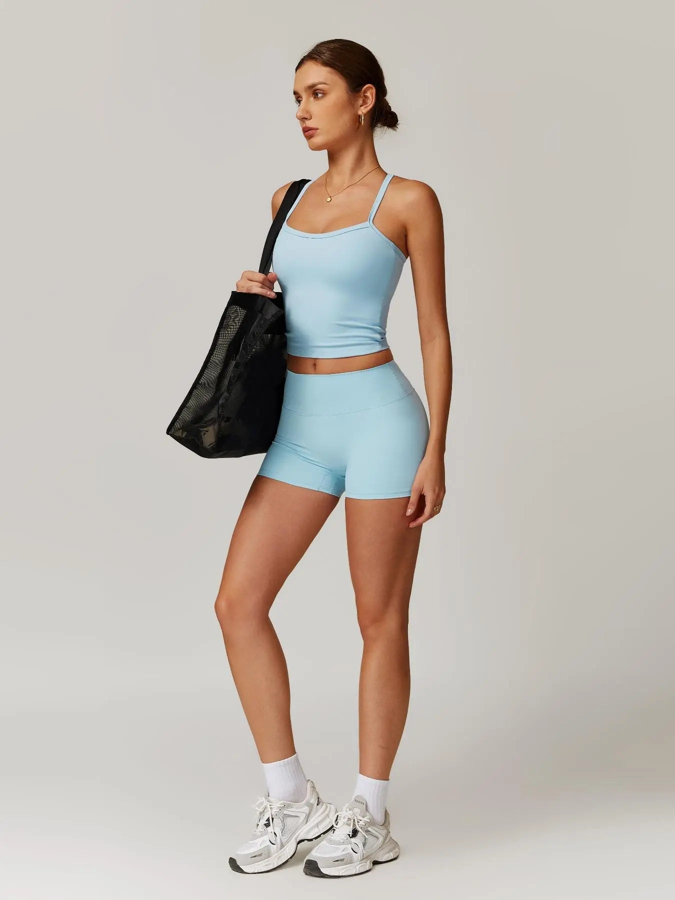 NINONERA Two-Piece Set Women's Solid Backless Cami Top & High-Waist Shorts Tracksuit Set — Light Blue