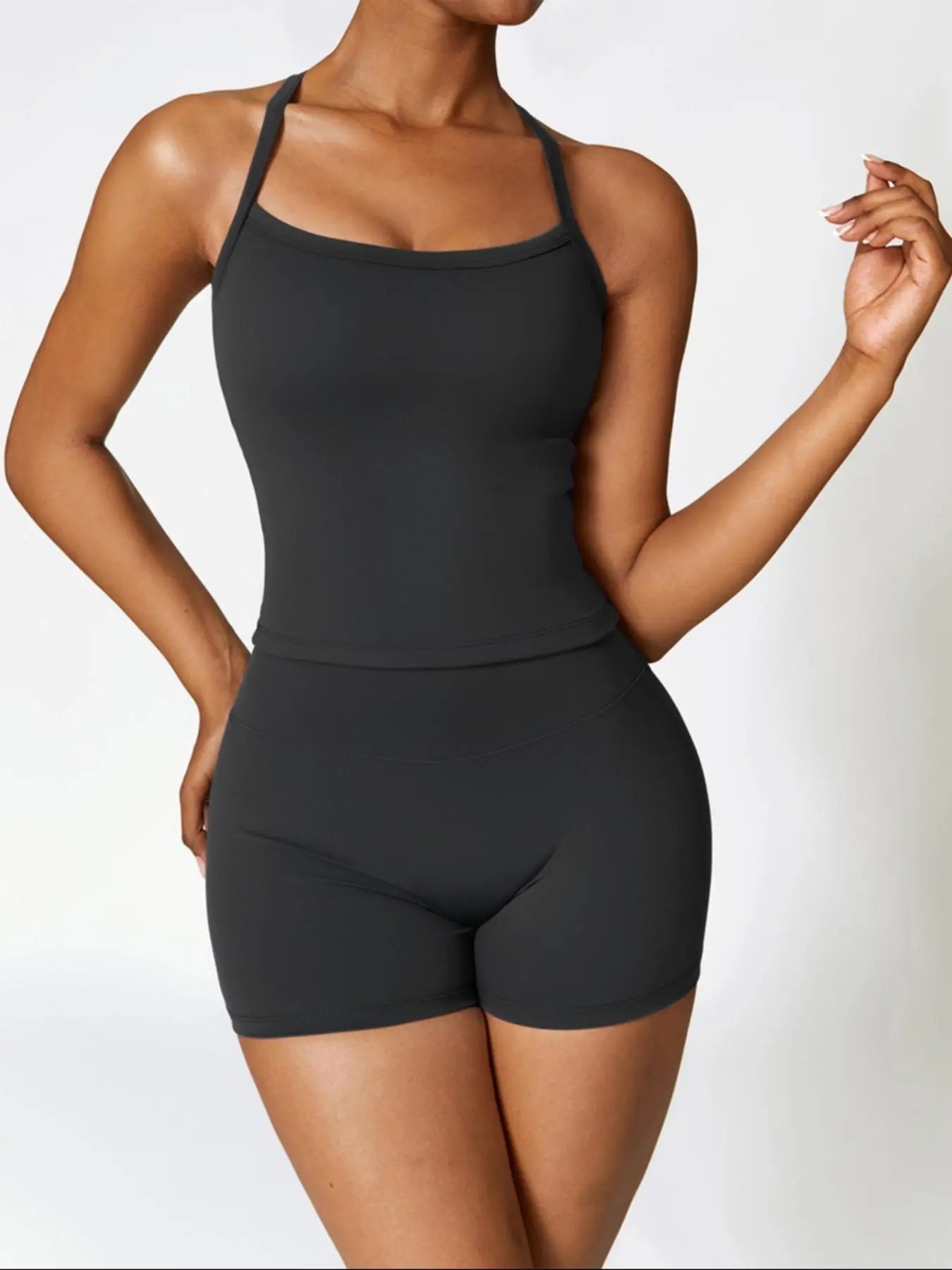 NINONERA Two-piece Set Women's Solid Backless Cami Top & High Waist Shorts Tracksuit Set — Black