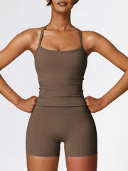 NINONERA Two-Piece Set Women's Solid Backless Cami Top & High-Waist Shorts Tracksuit Set — Brown