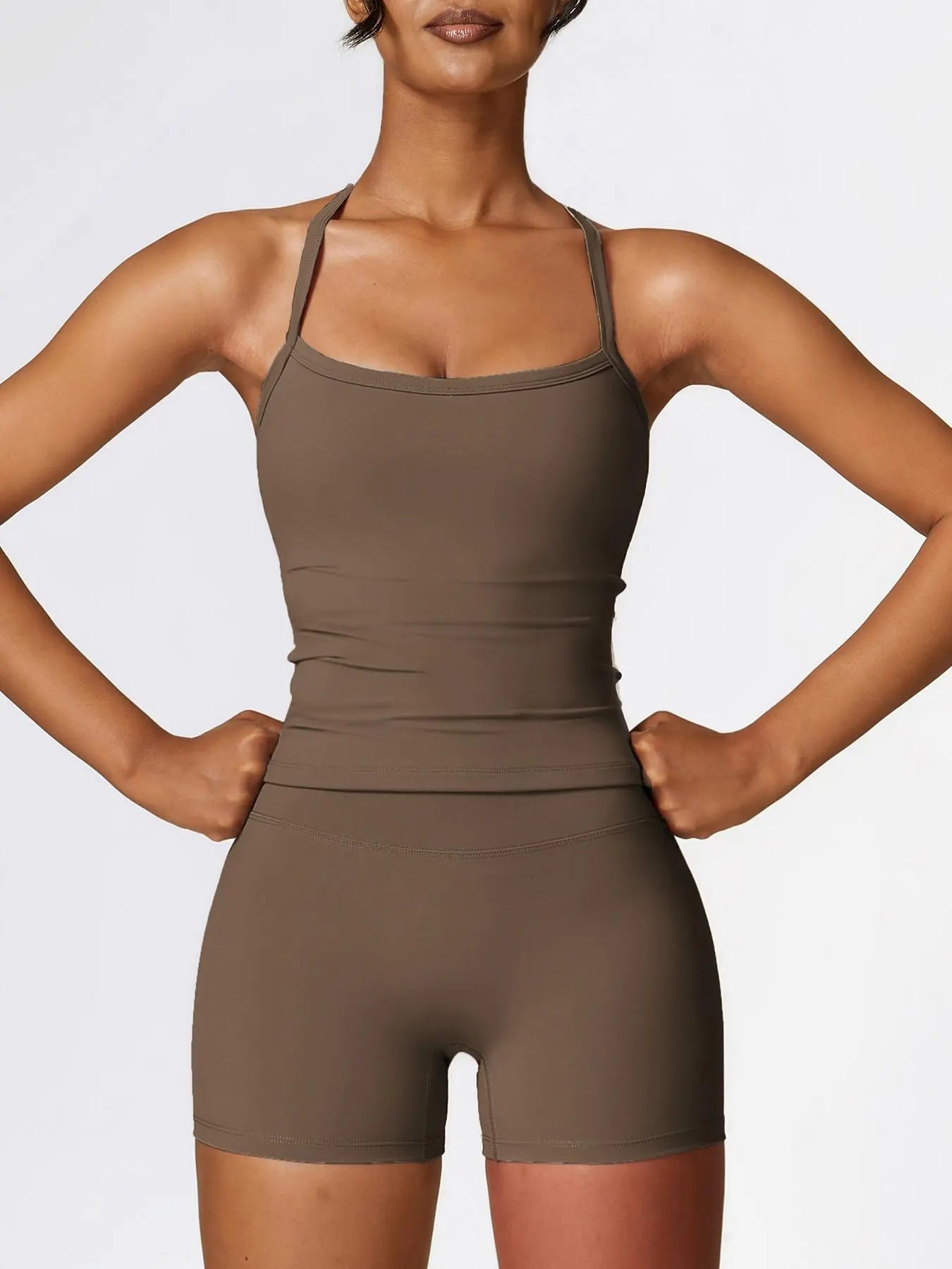 NINONERA Two-piece Set Women's Solid Backless Cami Top & High Waist Shorts Tracksuit Set — Brown