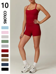 NINONERA Two-piece Set Women's Solid Backless Cami Top & High Waist Shorts Tracksuit Set — Flame Red