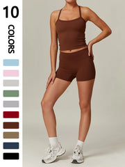 NINONERA Two-piece Set Women's Solid Backless Cami Top & High Waist Shorts Tracksuit Set — Coffee Brown