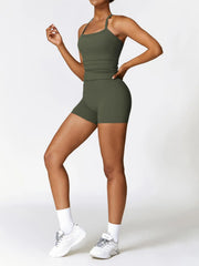 NINONERA Two-piece Set Women's Solid Backless Cami Top & High Waist Shorts Tracksuit Set — Olive Green