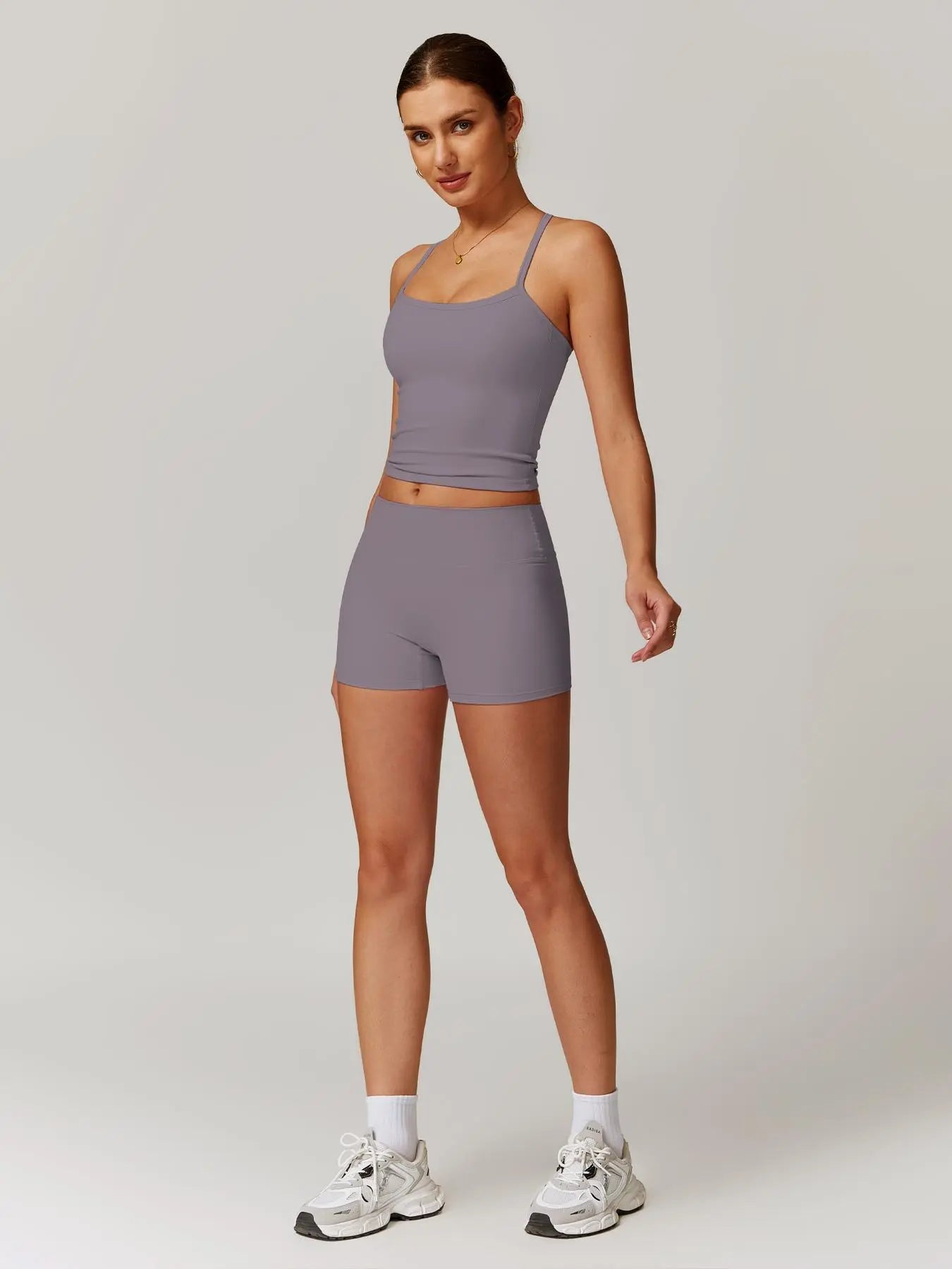 NINONERA Two-piece Set Women's Solid Backless Cami Top & High Waist Shorts Tracksuit Set — Mauve Purple