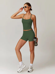 NINONERA Two-piece Set Women's Solid Backless Cami Top & High Waist Shorts Tracksuit Set — Ink Green