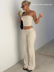 NINONERA Two-Piece Set Women's Solid Basic Crop Strapless Fitted Tube Top & Foldover Waist Flare Leg Pants — Apricot