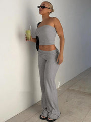 NINONERA Two-Piece Set Women's Solid Basic Crop Strapless Fitted Tube Top & Foldover Waist Flare Leg Pants — Grey