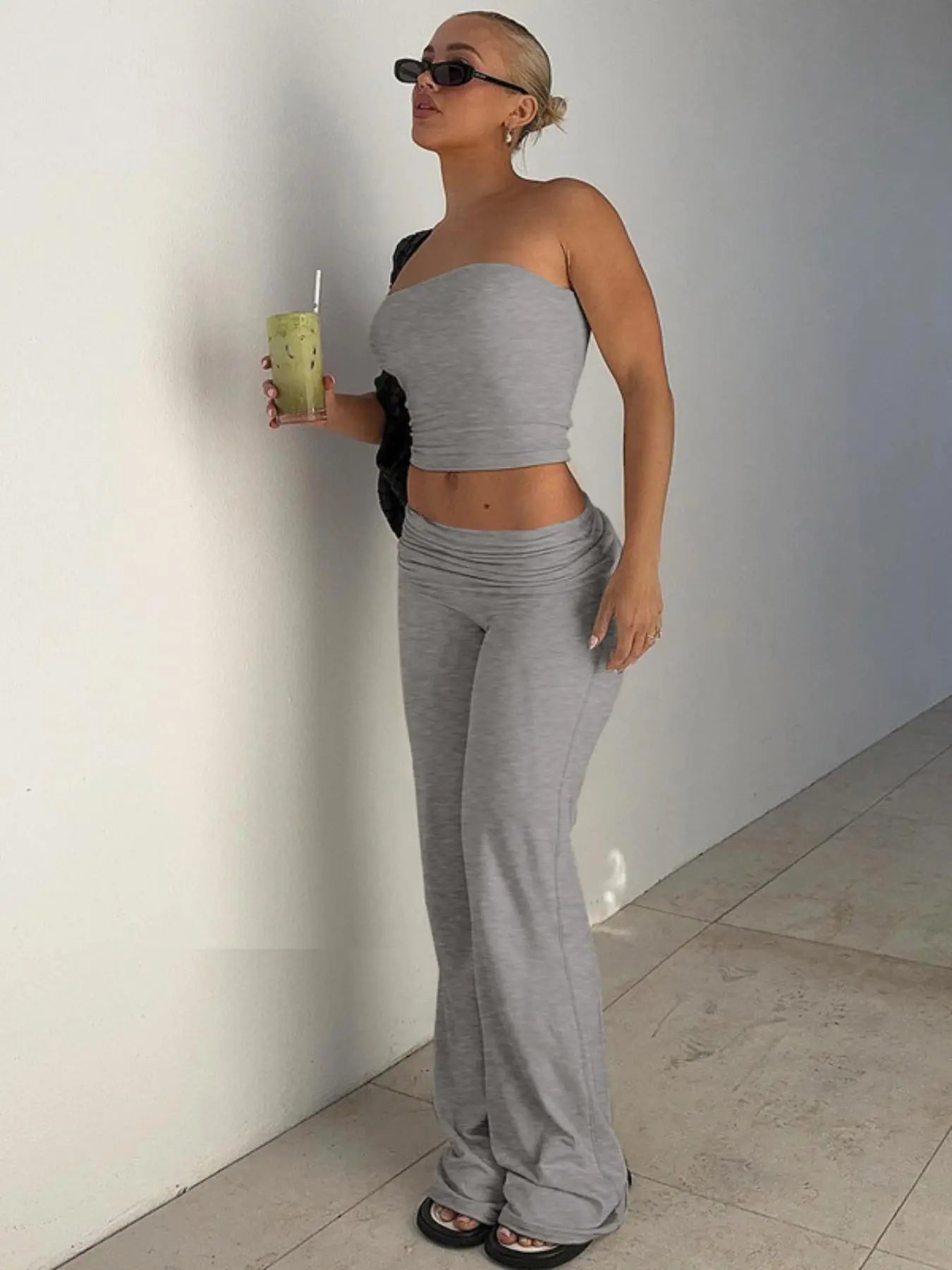 NINONERA Two-Piece Set Women's Solid Basic Crop Strapless Fitted Tube Top & Foldover Waist Flare Leg Pants — Grey