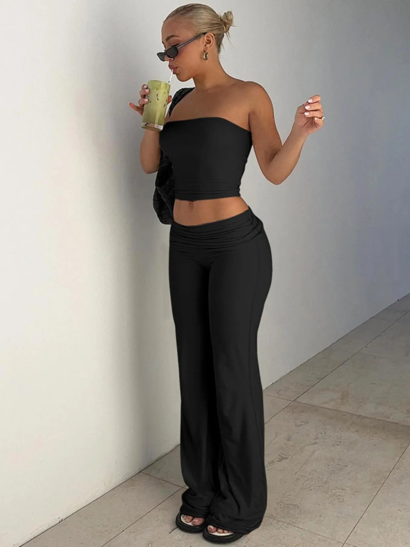 NINONERA Two-Piece Set Women's Solid Basic Crop Strapless Fitted Tube Top & Foldover Waist Flare Leg Pants — Black