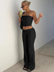 NINONERA Two-Piece Set Women's Solid Basic Crop Strapless Fitted Tube Top & Foldover Waist Flare Leg Pants — Black