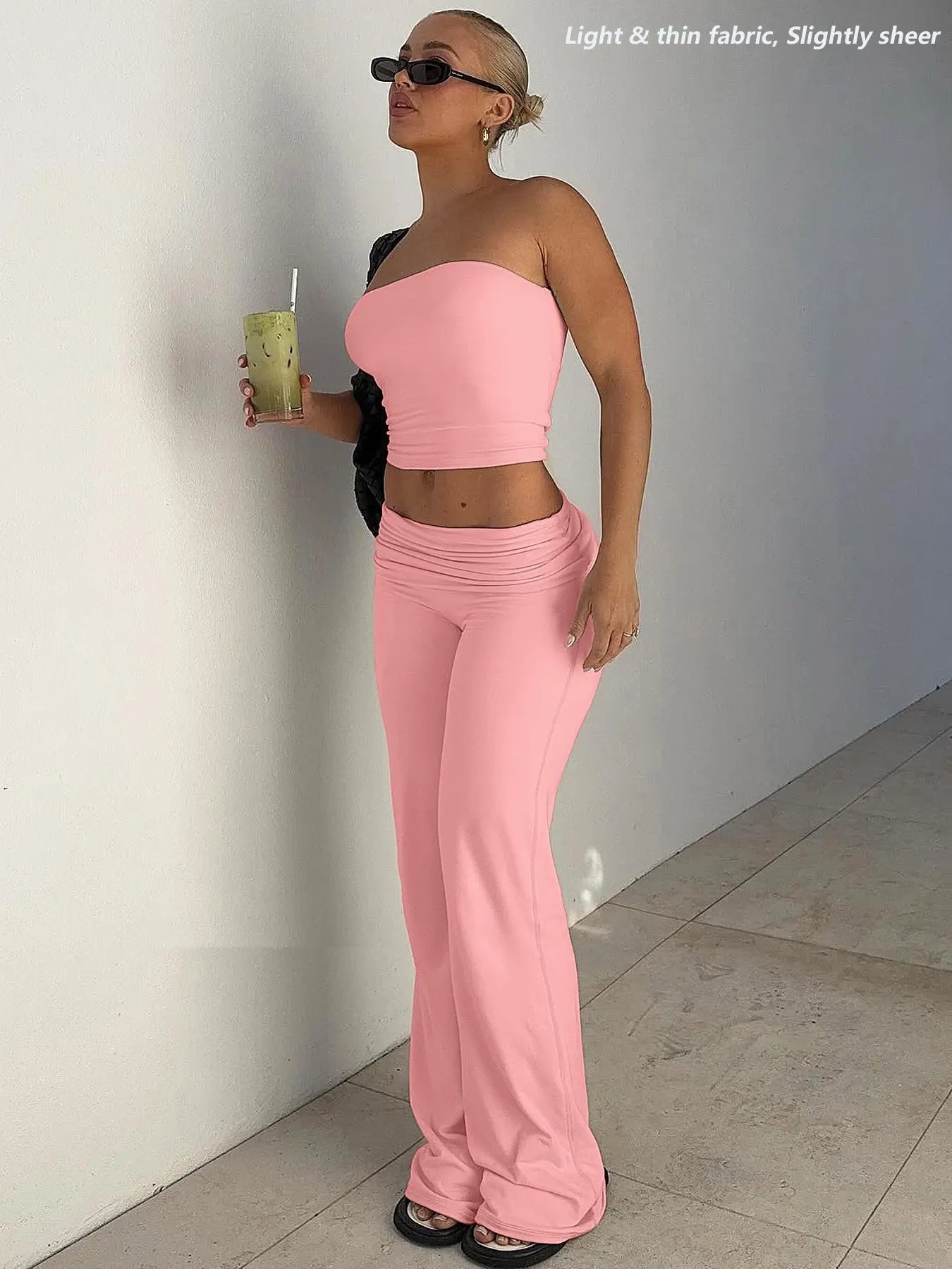 NINONERA Two-Piece Set Women's Solid Basic Crop Strapless Fitted Tube Top & Foldover Waist Flare Leg Pants — Pink