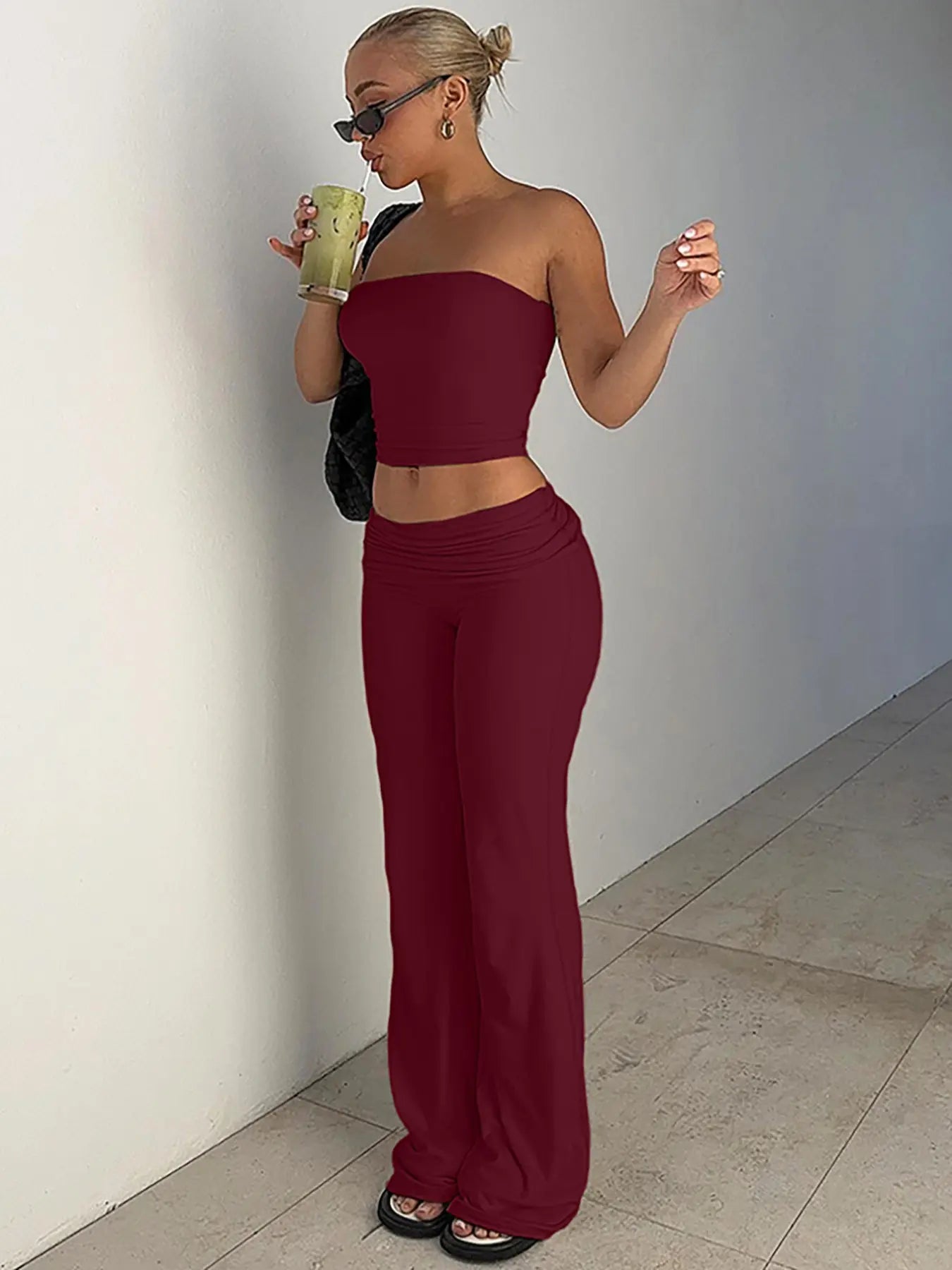 NINONERA Two-Piece Set Women's Solid Basic Crop Strapless Fitted Tube Top & Foldover Waist Flare Leg Pants — Burgundy
