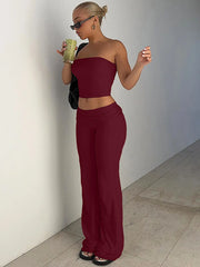 NINONERA Two-Piece Set Women's Solid Basic Crop Strapless Fitted Tube Top & Foldover Waist Flare Leg Pants — Burgundy