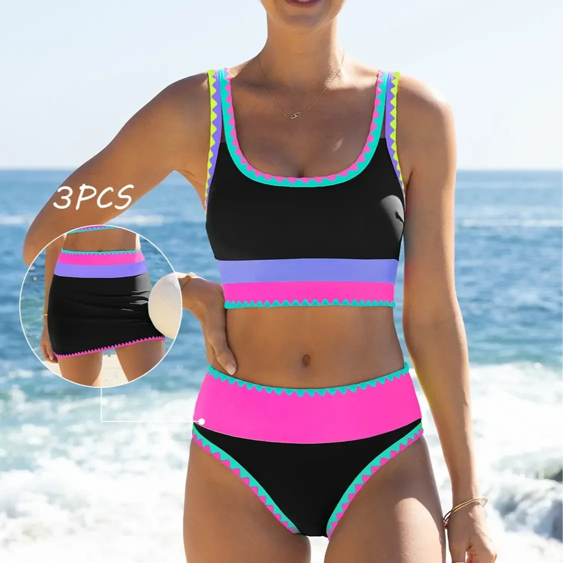NINONERA Coastline Colorblock 3-Piece Swim Set - Neon Pop Black