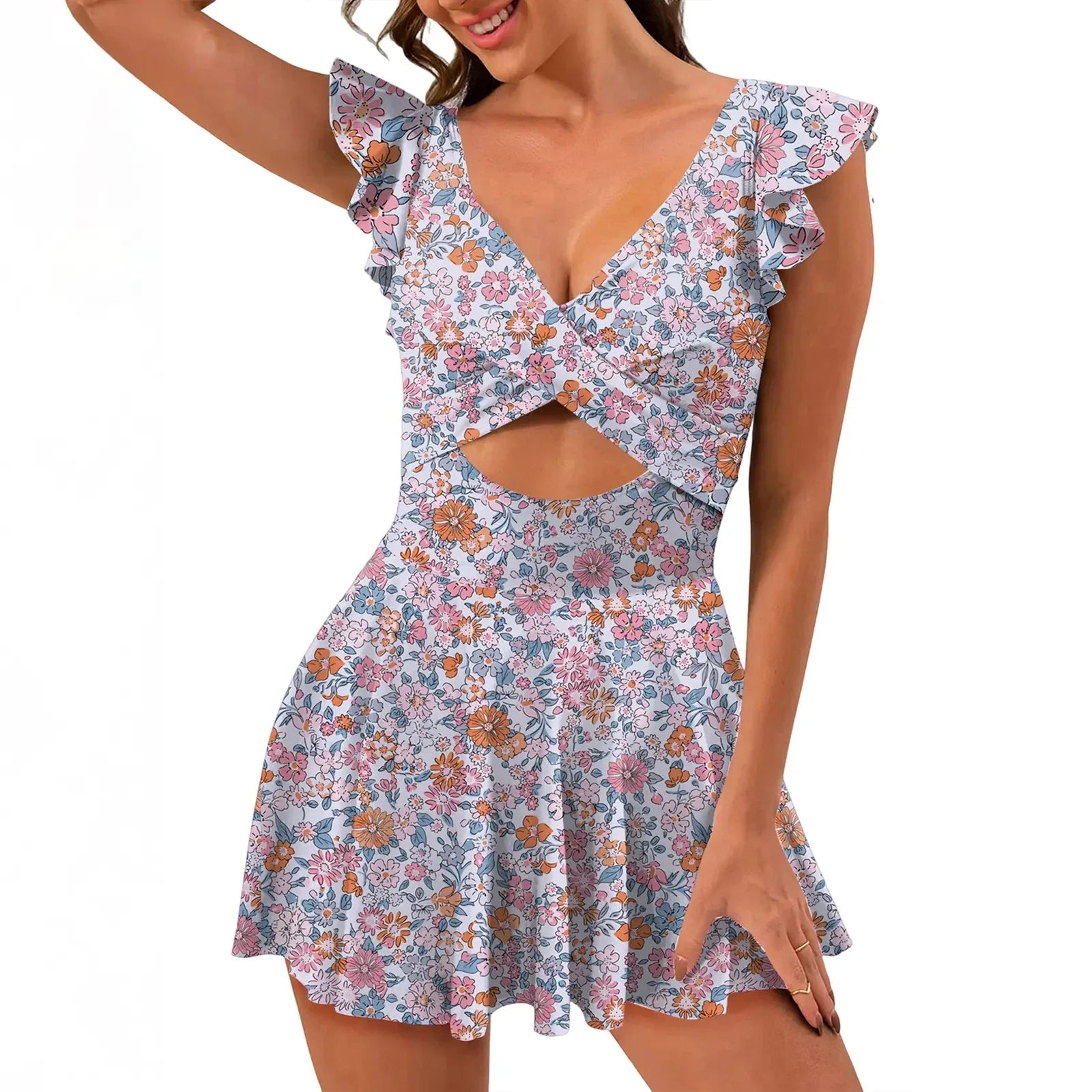 NINONERA RuffleContour Cutout Swimdress - Pink Floral