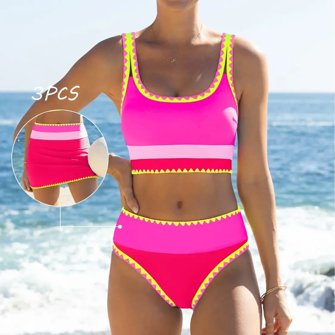 NINONERA Coastline Colorblock 3-Piece Swim Set - Watermelon Pink