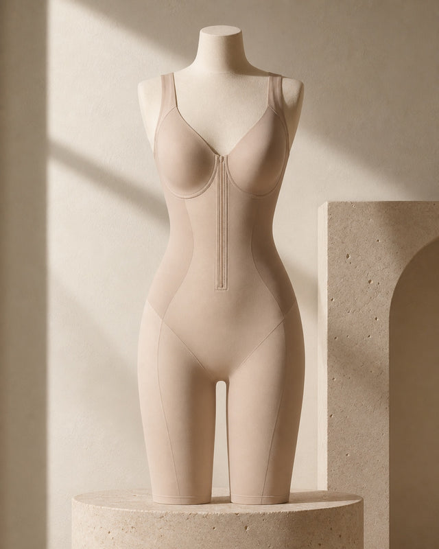 Almond mid-thigh shaping bodysuit on a sculptural form