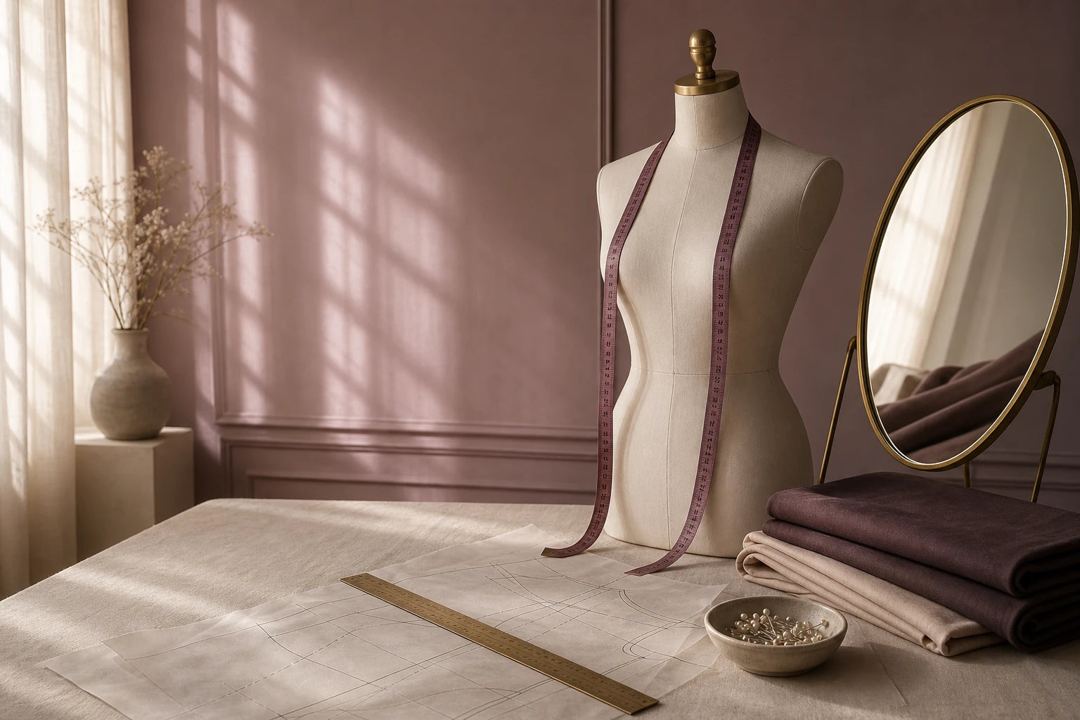 NINONERA fit atelier with dress form measuring tape and fabric