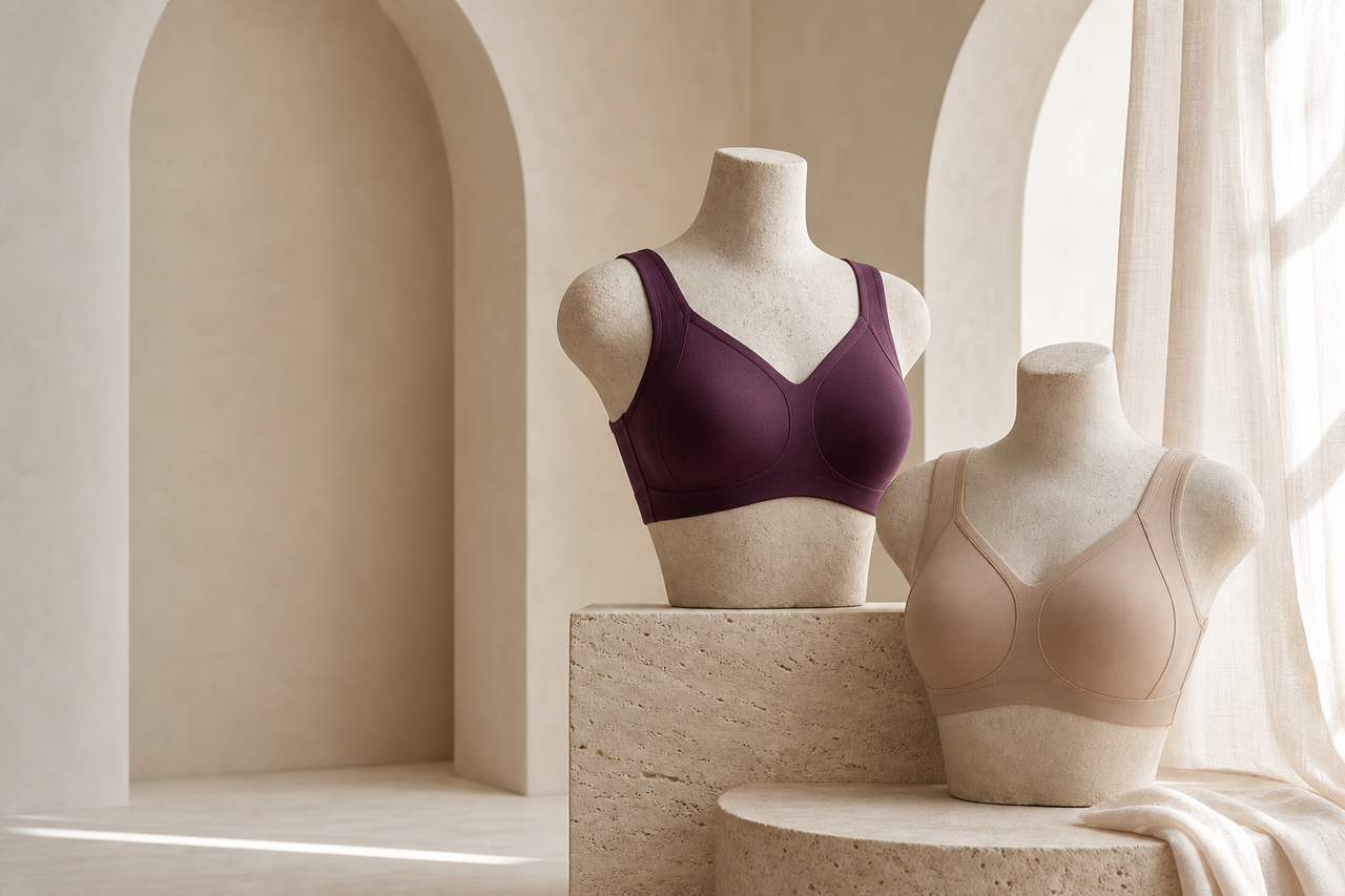 NINONERA wireless bras in plum and almond displayed in a sculptural ivory studio