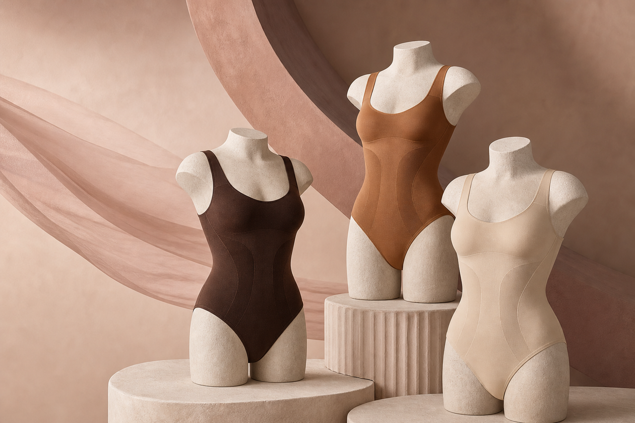 NINONERA sculpting bodysuits in espresso caramel and almond displayed in a rose-toned studio